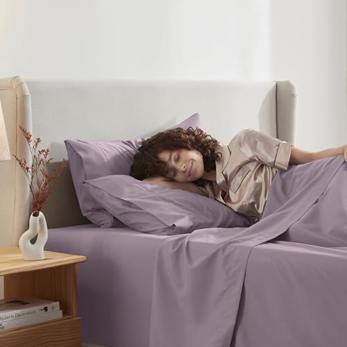 Image of Nestl Short Queen Bed Sheet Set - Dusty Purple - 4-Piece Deep Pocket | Instantly Soft, Night-One Ready (No Wash Required). Fits 16-Inch Deep Pockets, 360-Degree Elastic Grip