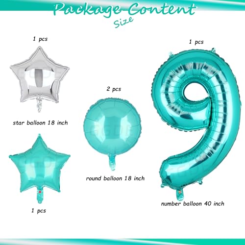 Image of Teal Blue Number 9 Balloons 40 Inch 9th Birthday Mermaid Theme 5 Pcs | Big Helium Mylar Digital Balloon Anniversary Wedding Party Decor Supplies