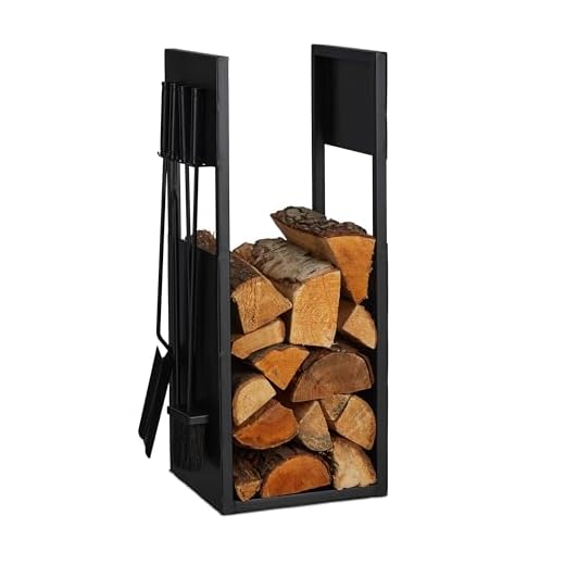 Relaxdays Leñero con Utensilios de Chimenea, Metal, 76,5 x 36 x 30 cm, Estante de Leña para Interior, Negro, Hierro