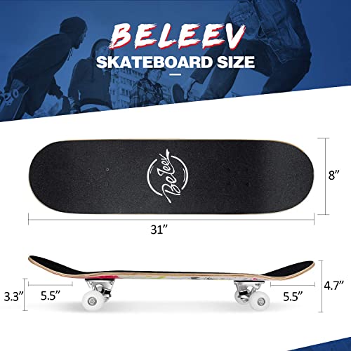 Image of BELEEV Skateboards for Beginners, 31 x 8 inch Complete Skateboard for Kids Teens Adults, 7 Layer Canadian Maple Double Kick Deck Concave Cruiser Trick Skateboard with Multifunction Skate T-Tool