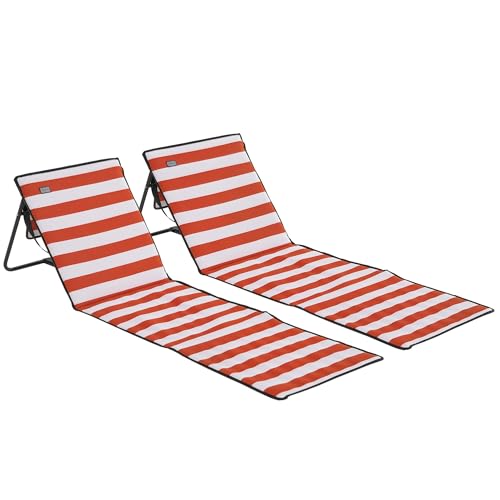 Outsunny Conjunto de 2 Esterillas de Playa Plegable Esteras Acolchadas con Respaldo Reclinable y Bolsa de Transporte para Jardín Camping 142x51x40 cm Rojo y Blanco