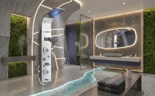 Image of X-XONIER Stainless Steel 304 Grade Shower Panel 7in1+ Extra Large 3Ways Hand Shower Tower System With LED Rainfall Waterfall 2Body Massage 4 Mist Spray Temperature Display Shower Panel.(Silver)
