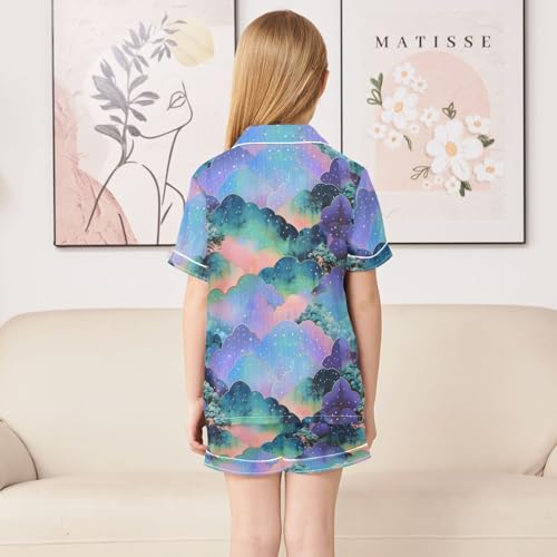 ALAZA Mountain Starry Satin Pajamas Set Short Sleeve Button Down Sleepwear Summer Pjs 2 Piece4