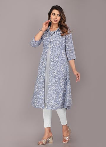 Image of KANNAHI Women Pure Cotton Printed Straight Calf Length Regular Jaipuri Kurta and Shrug Set with Floral Print for Womens & Girls Grey
