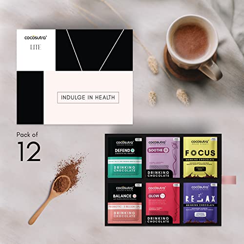 Image of COCOSUTRA LITE Sugar-Free Drinking Chocolate Mix | 12 Single-Serve Sachets (20g Each) | 6 Functional Variants | Defend, Balance, Relax, Focus, Soothe & Glow | No Sugar | Low Carb | Low Calorie | Stevia & Erythritol Sweetened | Vegan | 240g