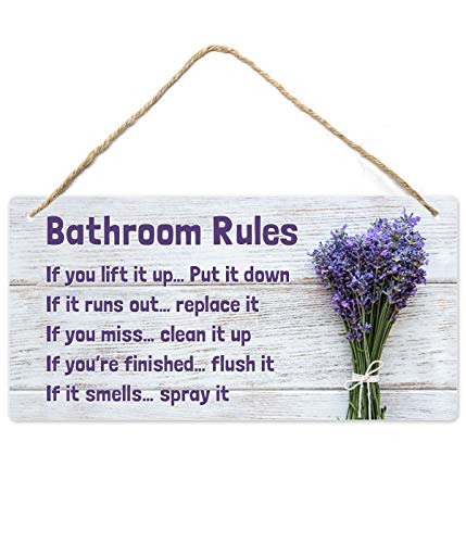Bathroom Rule Sign Decor, 12″x6″ PVC Plastic Wall Decoration Hanging Sign, Water and Humidity Proof, Lavender Purple theme Bathroom Reminder Accessories