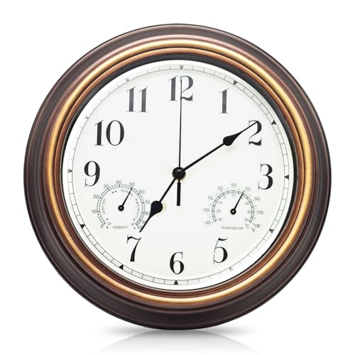 Orologio da giardino, resistente alle intemperie, impermeabile, impermeabile, da parete, per esterni, resistente alle intemperie, con termometro e igrometro, orologio da parete per interni ed esterni