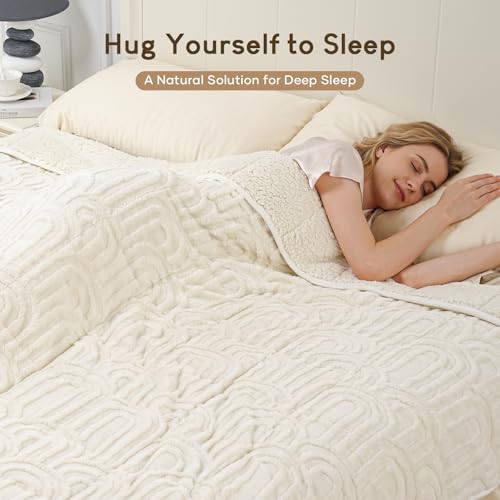 Image of Cottonblue Jacquard Weighted Blanket for Adults Twin Size 12 lbs, Soft Fluffy Sherpa Fleece Weighted Blankets Throw 48 inch x 72 inch for Sleep Relax, Fuzzy Warm Arch Heavy Blanket for Bed Sofa, Cream White