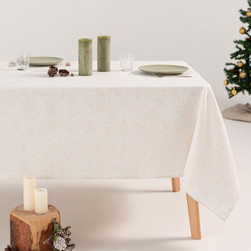 GAMUSI Mantel Navidad Floral Jacquard Hilo Oro Mesa Comedor Rectangular Decoración Navideña 140x200 cm Color Blanco