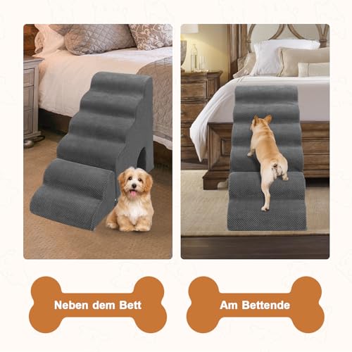 Hundetreppe 60cm Hoch für Bett, 6 Stufen Hunderampe für Boxspringbett, rutschfeste Haustiertreppe/Rampe für kleine/verletzte Hunde, Katzen, Farbe in Dunkel Grau