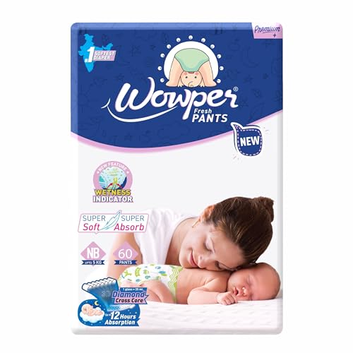 Image of Wowper Fresh Baby Diapers Pants | Wetness Indicator | Upto 12 Hrs Absorption | 15-25 Kg - NB (60 Pieces)