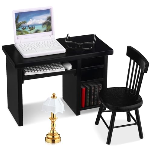 Rotatingpals 10 Pcs Miniature Dollhouse Furniture Accessories Include Mini Laptop Computer Miniature Book Office Table Wooden Mini Dollhouse Furniture...