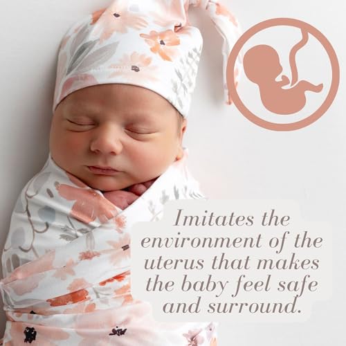 Image of Newborn Baby Girl Receiving Blanket Swaddle Blanket Stretchy Knit Swaddle Set with Matching Headband and Beanie (Orange)