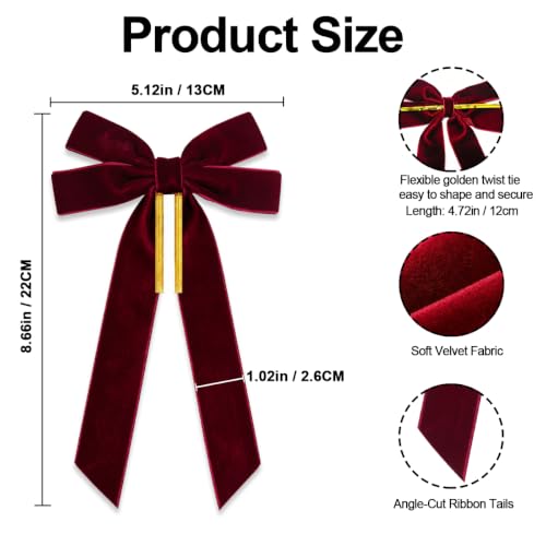 Burgundy Velvet Ribbon Bows For Christmas Tree, 12pcs Christmas Bows Decor - image 3