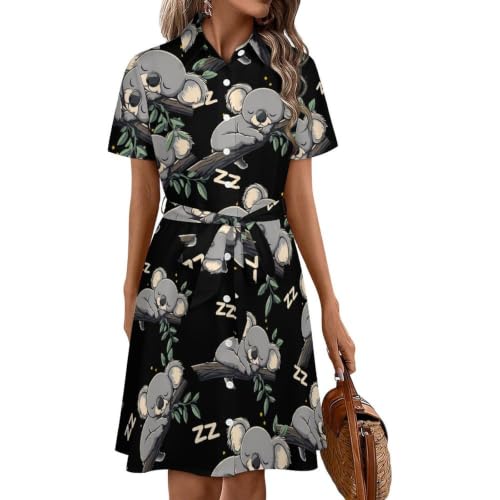 Robe boutonnée été manches courtes motif koala et coupe midi fluide femme