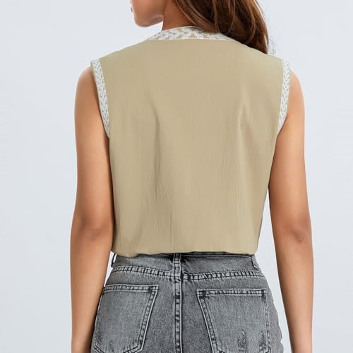 Image of Women Vintage Floral Embroidered Vest Y2K Sleeveless Open Front Cardigan Boho Linen Cropped Waistcoat
