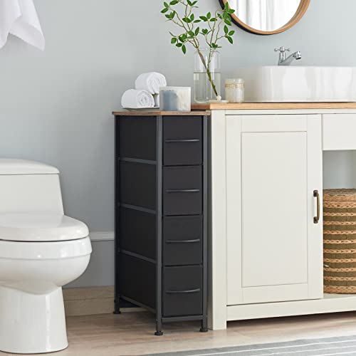 Somdot Narrow Dresser With 4 Drawers, Slim Storage Chest Of Drawers With Removable Fabric Drawers For Closet Small Spaces Bathroom Bedroom Laundry, Black/Rustic Brown #TOP3