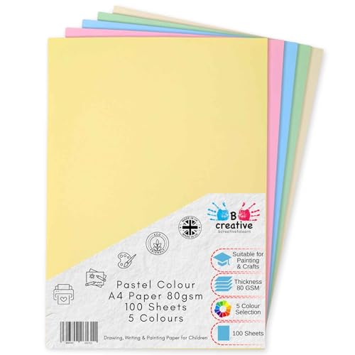 Be Creative A4 Pastel Coloured Paper Assorted Colours 80gsm 100 Sheets - 5 Pastel Shades Copier Printer Craft Paper for Home Office School