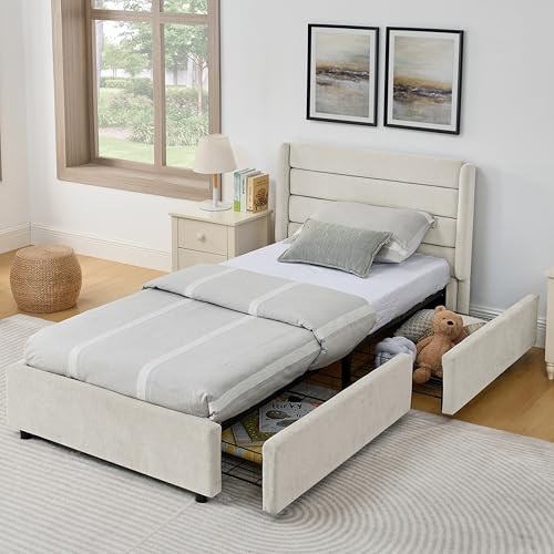 Gelukueub Cama individual con acabado de chenilla con 2 cajones de gran volumen, ideal para habitación de los niños, estudio (como cama supletoria) y habitación de invitados (sin colchón) (beis, 90 x