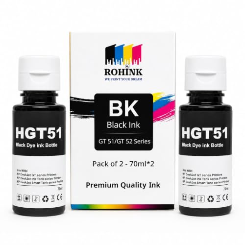 Image of ROHINK GT51 GT52 Ink Refill Dye Ink Compatible with HP Ink Tank 115, 310, 315, 319, 410, 415, 416, 419, 455, 500, 515, 530, 615, GT 5810, GT 5811, GT 5820 (70ML*2 Black)