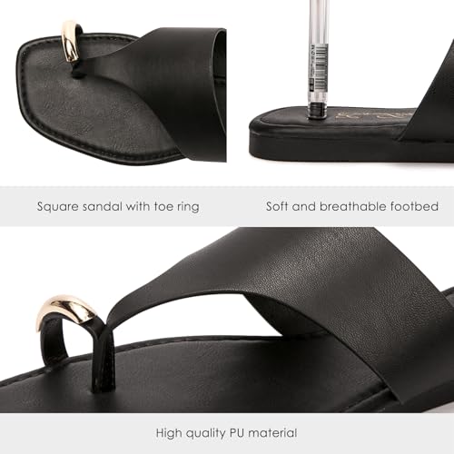 Image of Eozlink Women's Toe Ring Flat Sandals, Slip On Dressy Summer Slides | PU upper with square toe and metal accent for resort and casual outfits