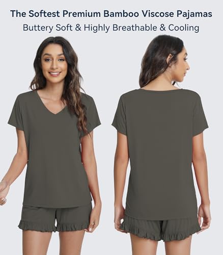 Image of WiWi Womens Pajamas Set Bamboo Viscose Super Soft Short Sleeve Top Ruffle Shorts Sleepwear Cooling Pj Sets S-XXL