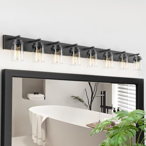 Image of IZORRO Bathroom Vanity Light Fixture, 8-Light 56 inch Matte Black Bathroom Light Fixtures Over Mirror, with Clear Glass Shade, Modern Farmhouse Vanity Lights, Rustic Restroom Lighting Fixtures