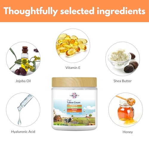 Malanich Whipped Tallow Cream 4oz – Grass Fed Tallow Moisturizer with Jojoba Oil, Shea Butter, Honey & Hyaluronic Acid, Deep Hydrating Face & Body Cream for Dry Sensitive Skin