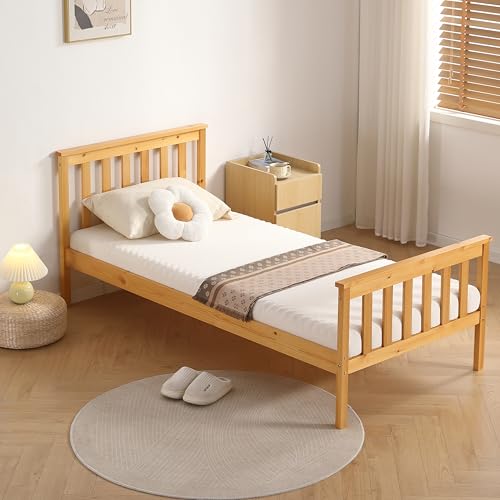 Image of COMFY LIVING 3ft Single Bed Frame, Atlantis Style Wooden Single Bed for Adults Kids Teenagers, High Footboard, Pine Wood, Caramel (No Mattress)