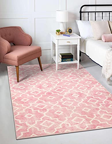 Wonnitar Moroccan Washable Area Rug - 3X5 Nursery Rug Pink Non-Slip Soft Bedroom Dorm Room Distressed Throw Mat Modern Geometric Trellis Floor Carpet For Home Office Bathroom Kids Room #TOP5