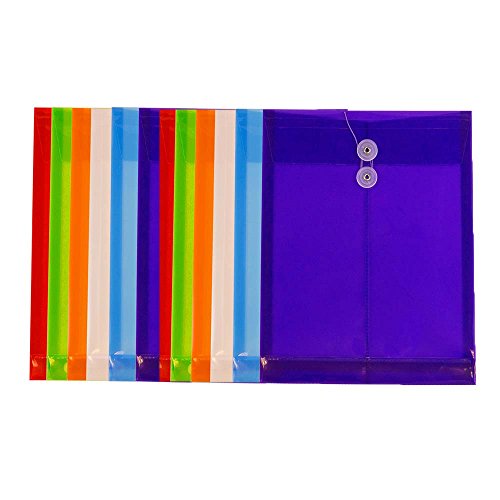 JAM PAPER Plastic Envelopes with Button & String Tie Closure - Letter Open End - 9 3/4 x 11 3/4 - Assorted Colors - 12/Pack
