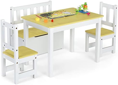 Maxmass 4-Piece Kids Table and Chair Set, Children Wooden Activity Desk with 2 Chairs and Storage Bench, Toddler Furniture Set for Playing, Drawing, Reading, Eating
