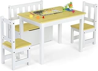 Maxmass 4-Piece Kids Table and Chair Set, Children Wooden Activity Desk with 2 Chairs and Storage Bench, Toddler Furniture Set for Playing, Drawing, Reading, Eating