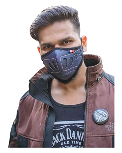 FaceGuard� Reusable,Lightweight,Anti Pollution,Anti Dust,Odorless,4 Layer Super Breathable Vegan Leather Face Mask in 13 Flamboyant Colors with Head Loop Elastic (PACK OF 1, NAVY BLUE)