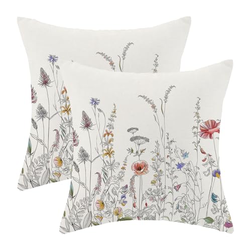 Image of AEIOAE Spring Pillow Covers 20x20 Inch Set of 2, Black Wild Flower Throw Pillows Case,Colorful Seasonal Floral Plant Outdoor Decorative Farmhouse Decor Cushion Covers for Home Sofa Bed Couch
