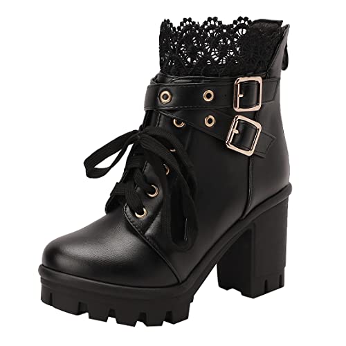 BEAUPAS Women's Chunky Platform High Heel Boots Lace Up Gothic Ankle Booties Block Heel Buckle Punk Shoes(Black/1,8)