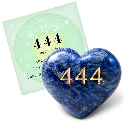 444 Angel Number Blue Spot Heart Stone Worry Stone - Angel Numbers Healing Crystals, Love Stone for Anxiety Relief, Heart Crystals for Women, Polished Pocket Stone (Engraved 444)