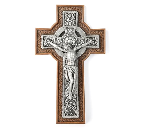 BC Catholic Crucifix Wall Cross, Celtic style, Religious Gift, Wood Stone Carve Looking, Silver Finish, 12” H Hand Painted by Buildclassic