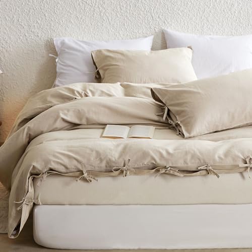 Simple&Opulence Juego de Cama de 3 Piezas 55% Lino 45% algodón, Suave Funda nórdica con 2 Fundas de Almohada 50x75 cm(230 x 220 cm, Beige)