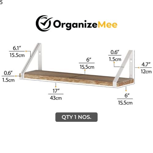 Image of OrganizeMee Wooden Book Shelf Wall D�cor,Floating Shelves For Living Room Kitchen,Bedroom,Decorative items,Pine Wood Planks Metal Mounting Brackets,Polished ,Size(16.5 Inch X 6 inchWhite Bracket) Qty:1NOS