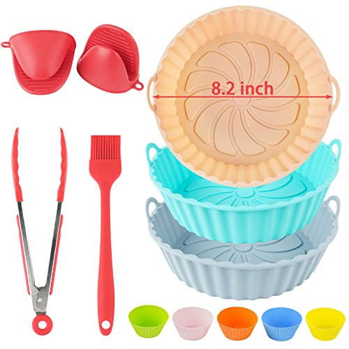 Air Fryer Silicone Liners 12Pcs,Food Grade Reusable Air Fryer Baskets/Pots/Liners And Accessorie,8.2Inch Fits 3 To 6 Qt Air Fryer,With Oven Mitts, Cake Cup,Basting Brush,Tongs(Orange,Blue,Grey) #TOP7