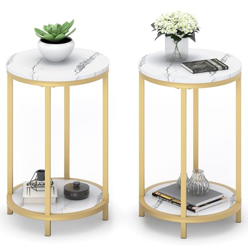 WiberWi Round Side Table Set of 2, Modern Nightstand End Table with Gold Metal Frame &Faux Marble Top, Accent Bedside Table for Living Room Bedroom Small Spaces with Storage Open Shelf,White