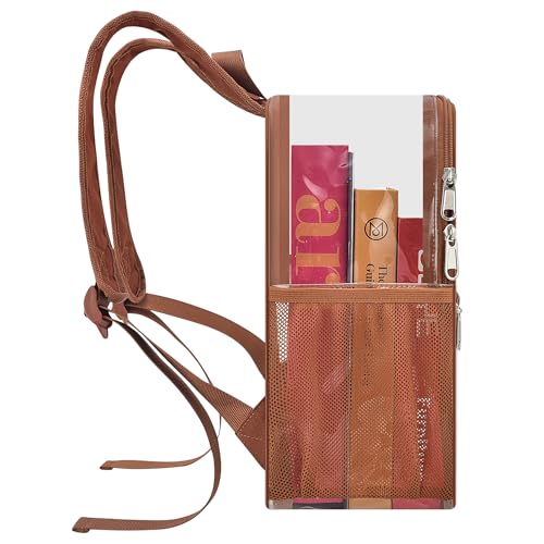 Image of Busiuw Clear Backpack for Stadium Events 12x12x6 Mini Small Sports Fan Backpacks with Front Pocket for Concert Sport Events Work Travel(Coffee brown)