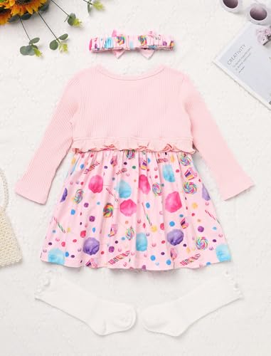 ODASDO Newborn Infant Baby Girls Fall Winter 1st Birthday Outfit Cow/Floral Printed Long Sleeve Dress Headband Socks Set3