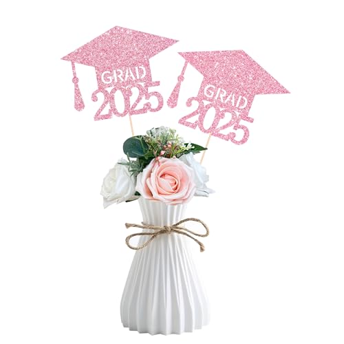 Class of 2025 Graduation Centerpieces for Tables, 2025 Graduation Glitter Double-Sided Cap Table Decorations Party Centerpiece Sticks Table Topper Party Favors Supplies(10 PCS, Pink)
