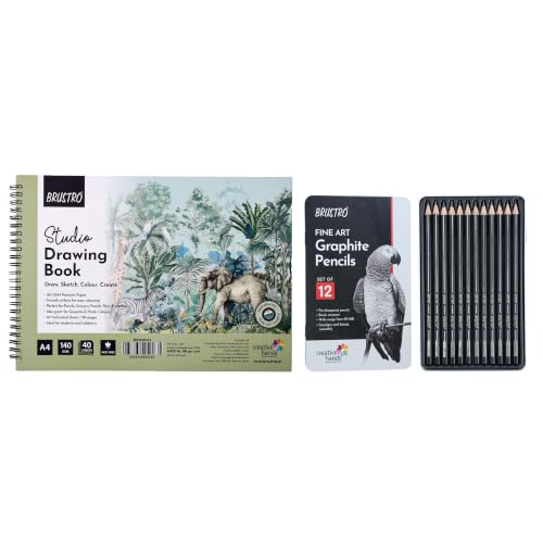 Image of BRUSTRO Artists Fineart Graphite Pencil Set of 12(10B-2H) with Elegant Tin Box With Studio Drawing Book,Blank 80 Pages, Wiro Bound, A4(8.3x11.7 inches), 140 GSM,Perforated Sheets|For Sketching,Writing