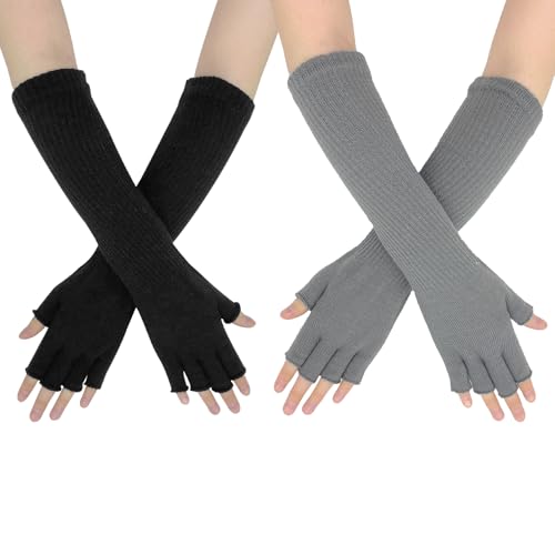 AffeGifts Armstulpen Gestrickt, 2 Paare Stulpen Arm Lange Gestrickte Halbfingerhandschuhe Handgelenk Warmer für Frauen Teen Girls Herbst Winter (Schwarz und Grau)