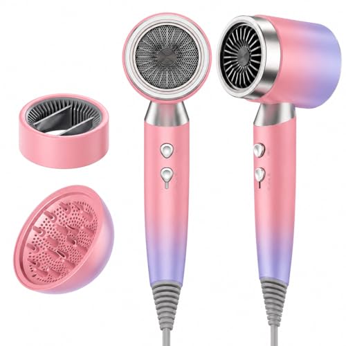 Hair Dryer Low Noise Ionic Hairdryer with Diffuser Magnetic Attachments Hairdryers for Women Home Salon Travel Lightweight Design (Pink)