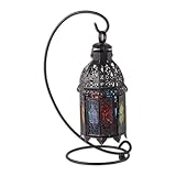 Zingz & Thingz Moroccan Style Candle Lantern Holder, Decorative Light Home Decor, Indoor & Outdoor, 13" Tall, Black with Rainbow Glass