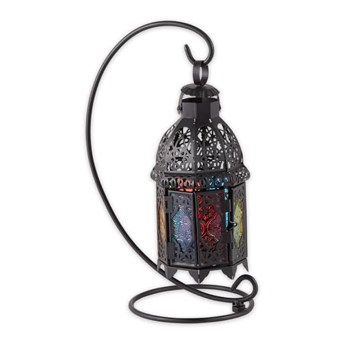 Zingz & Thingz Moroccan Style Candle Lantern Holder, Decorative Light Home Decor, Indoor & Outdoor, 13" Tall, Black with Rainbow Glass